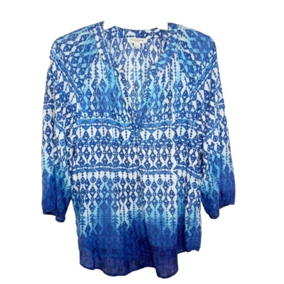 BeachLunchLounge Blue/White Boho Ikat Blouse Peasant Beachy Lightweight Medium - Picture 1 of 13